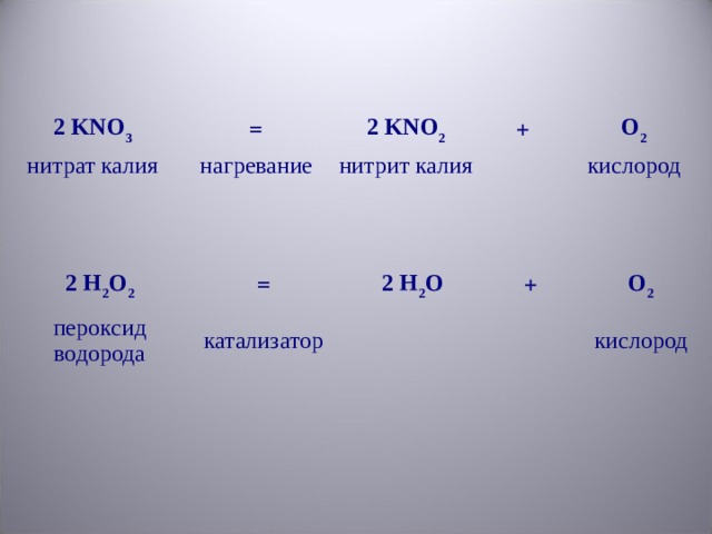 2 KNO 3 = нитрат калия 2 KNO 2 нагревание + нитрит калия O 2 кислород 2 H 2 O 2 пероксид водорода = 2 H 2 O катализатор + O 2 кислород 