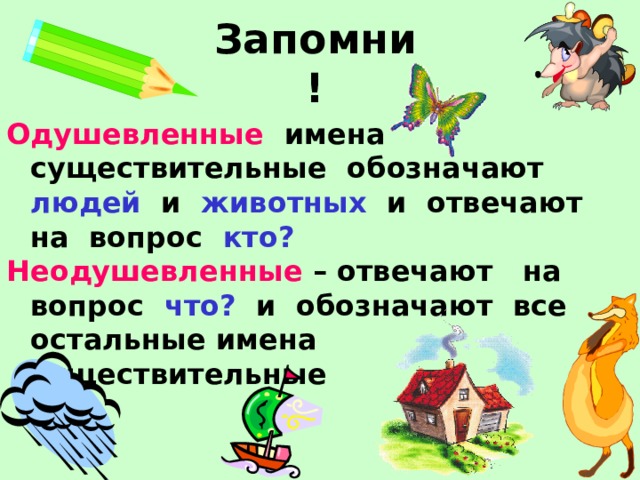 Запомни! Одушевленные имена существительные обозначают людей и животных и отвечают на вопрос кто? Неодушевленные – отвечают на вопрос что? и обозначают все остальные имена существительные  