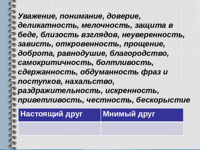 Уважение, понимание, доверие, деликатность, мелочность, защита в беде, близость взглядов, неуверенность, зависть, откровенность, прощение, доброта, равнодушие, благородство, самокритичность, болтливость, сдержанность, обдуманность фраз и поступков, нахальство, раздражительность, искренность, приветливость, честность, бескорыстие Настоящий друг Мнимый друг 