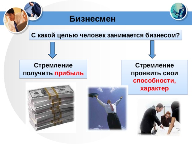 Бизнесмен С какой целью человек занимается бизнесом?   Стремление получить прибыль Стремление проявить свои способности, характер 