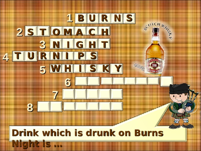 1 B S N R U 2 A C T M O H S 3 H G  I N T T U R N I S 4 P H 5 Y I W S K 6 7 8 Drink which is drunk on Burns Night is … 7 