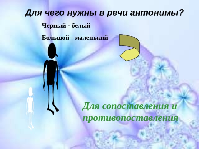 Для чего нужны в речи антонимы?  Черный - белый Большой - маленький  Для сопоставления и противопоставления 
