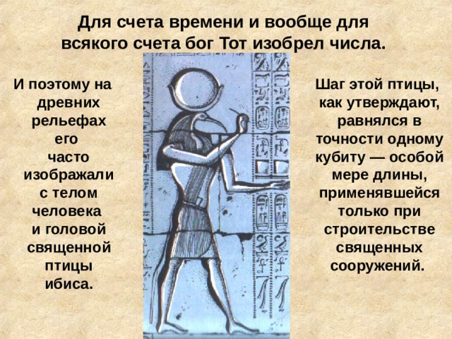 Для счета времени и вообще для  всякого счета бог Тот изобрел числа.     Шаг этой птицы, как утверждают, равнялся в точности одному кубиту — особой мере длины, применявшейся только при строительстве священных сооружений.   И поэтому на древних рельефах его  часто изображали с телом человека  и головой священной птицы ибиса. 