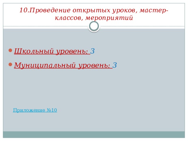 10.Проведение открытых уроков, мастер-классов, мероприятий  Школьный уровень: 3 Муниципальный уровень: 3 