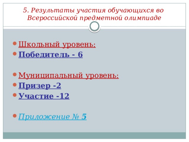 5. Результаты участия обучающихся во Всероссийской предметной олимпиаде Школьный уровень: Победитель - 6  Муниципальный уровень: Призер -2 Участие -12  Приложение № 5 