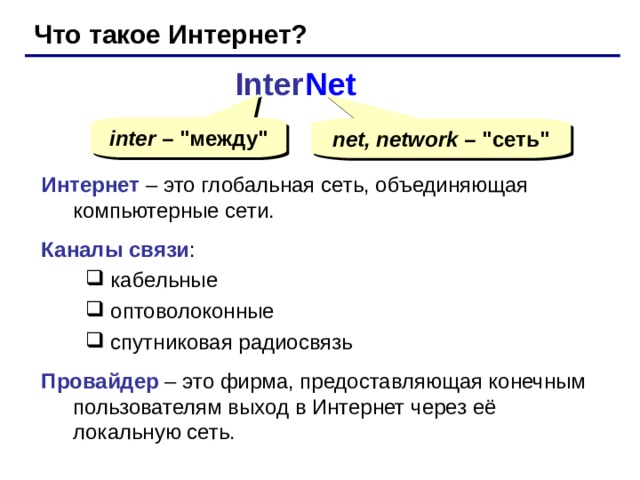 Что такое Интернет? Inter Net inter – 