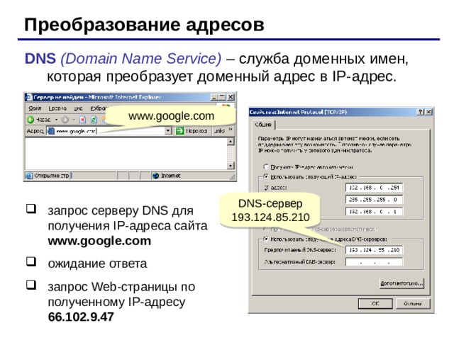Преобразование адресов DNS (Domain Name Service)  –  служба доменных имен, которая преобразует доменный адрес в IP- адрес. www.google.com DNS- сервер 193.124.85.210 запрос серверу DNS для получения IP- адреса сайта www.google.com ожидание ответа запрос Web- страницы по полученному IP- адресу  66.102.9.47  