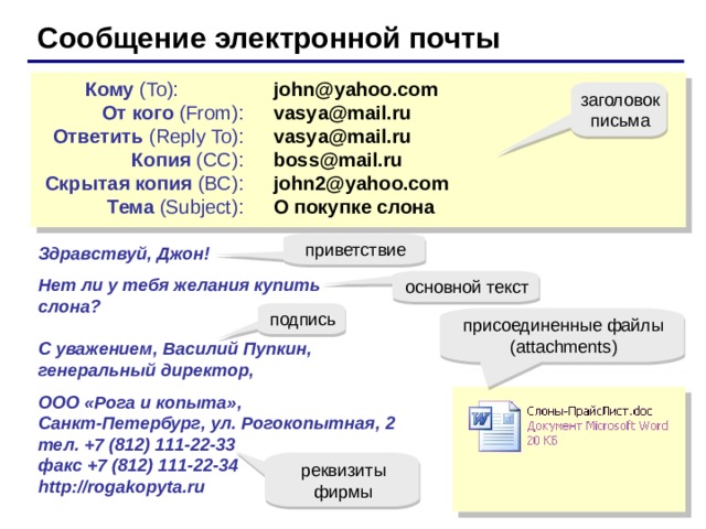 Сообщение электронной почты   john@yahoo.com   vasya@mail.ru   vasya@mail.ru   boss@mail.ru   john2@yahoo.com   О покупке слона Кому ( To): От кого ( From ) : Ответить ( Reply To ) : Копия ( CC ) : Скрытая копия ( BC ) : Тема ( Subject ): Здравствуй, Джон! Нет ли у тебя желания купить слона? С уважением, Василий Пупкин, генеральный директор, ООО «Рога и копыта» , Санкт-Петербург, ул. Рогокопытная, 2 тел. +7 (812) 111-22-33 факс +7 (812) 111-22-34 http://rogakopyta.ru присоединенные файлы ( attachments )  