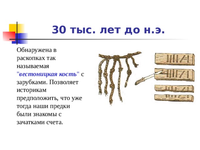 30 тыс. лет до н.э.  Обнаружена в раскопках так называемая 