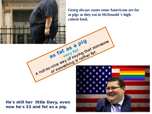 as fat as a pig very fat A not-so-nice way of saying that someone or something is rather fat. Georg always states some Americans are fat as pigs as they eat in McDonald 's high-calorie food. He's still her little Davy, even now he's 33 and fat as a pig. 