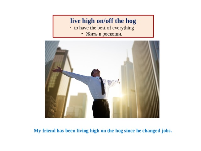 live high on/off the hog to have the best of everything Жить в роскоши. My friend has been living high on the hog since he changed jobs. 