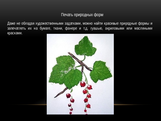  Печать природных форм Даже не обладая художественными задатками, можно найти красивые природные формы и запечатлеть их на бумаге, ткани, фанере и т.д. гуашью, акриловыми или масляными красками. 