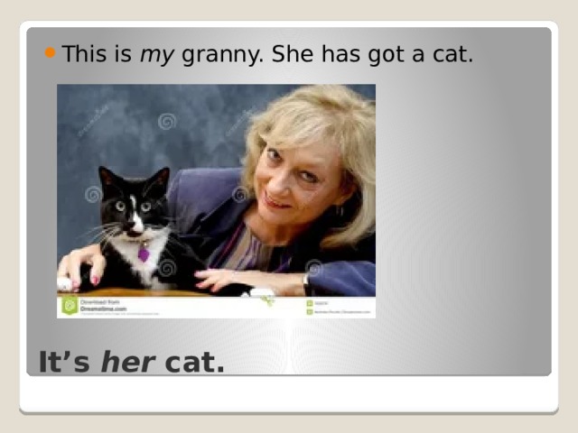 This is my granny. She has got a cat. It’s her cat. 