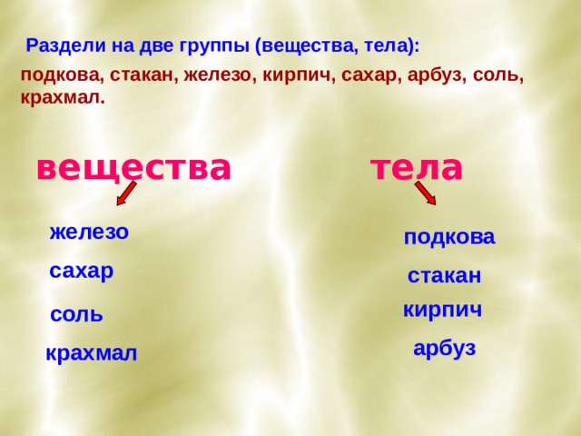 Раздели на две группы (вещества, тела): подкова, стакан, железо, кирпич, сахар, арбуз, соль, крахмал. вещества тела железо подкова сахар стакан кирпич соль арбуз крахмал 
