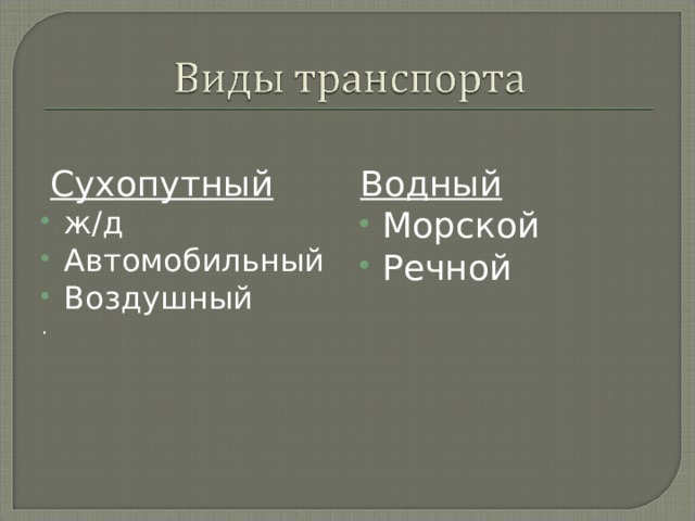  Сухопутный Водный ж/д Автомобильный Воздушный Морской Речной . 