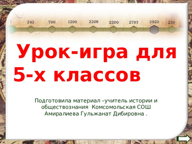 Урок-игра для 5-х классов Подготовила материал –учитель истории и обществознания Комсомольская СОШ Амиралиева Гульжанат Дибировна .  