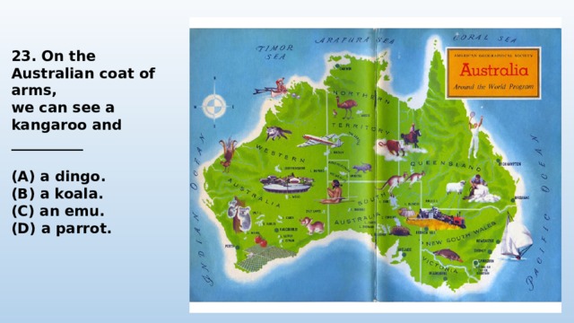   23. On the Australian coat of arms, we can see a kangaroo and __________  (A) a dingo. (B) a koala. (C) an emu. (D) a parrot. 