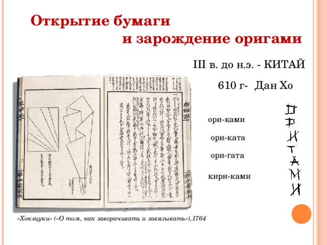 Открытие бумаги и зарождение оригами III в. до н.э. - КИТАЙ 610 г- Дан Хо ори-ками ори-ката ори-гата кири-ками «Хокэцуки» («О том, как заворачивать и завязывать»),1764 
