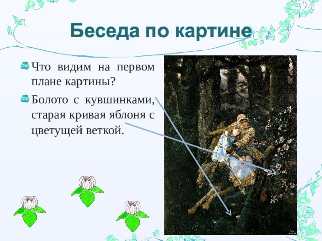 Что видим на первом плане картины? Болото с кувшинками, старая кривая яблоня с цветущей веткой. 
