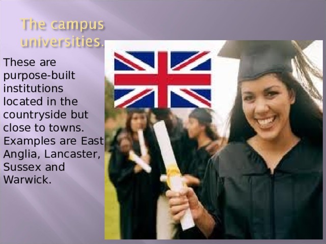 These are purpose-built institutions located in the countryside but close to towns. Examples are East Anglia, Lancaster, Sussex and Warwick. 