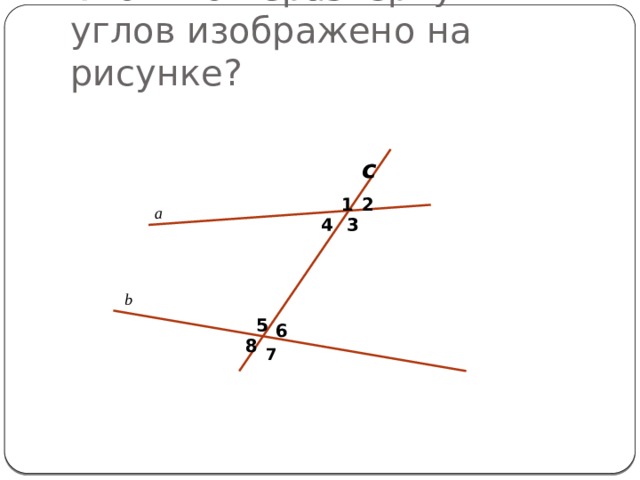 Сколько неразвёрнутых углов изображено на рисунке? c 1 2 a 3 4 b 5 6 8 7 