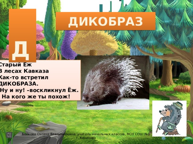  Д ДИКОБРАЗ Старый Ёж В лесах Кавказа Как-то встретил ДИКОБРАЗА. Ну и ну! –воскликнул Ёж.  На кого же ты похож! Бойкова Оксана Владимировна, учитель начальных классов, МОУ СОШ №1 г. Конаково 