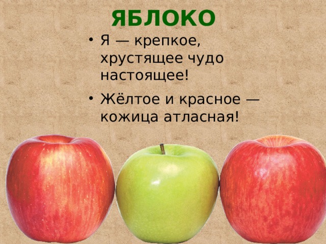 ЯБЛОКО   Я — крепкое, хрустящее чудо настоящее! Жёлтое и красное — кожица атласная! 