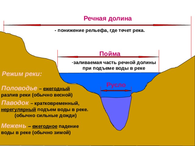 Речная долина  - понижение рельефа, где течет река. Пойма  заливаемая часть речной долины при подъеме воды в реке Режим реки:  Русло  Половодье  – ежегодный разлив реки (обычно весной)     Паводок  – кратковременный,  нерегулярный подъем воды в реке. (обычно сильные дожди) Межень  –  ежегодное падение воды в реке (обычно зимой) 3 