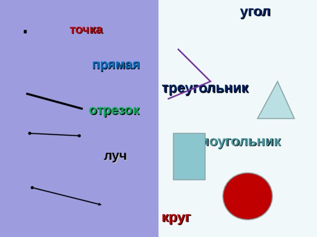  .  точка    прямая  угол       отрезок     луч треугольник   прямоугольник    круг  