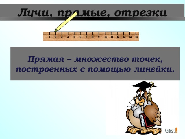 Лучи, прямые, отрезки 4 1 2 15 3 14 13 9 5 12 6 11 7 10 8 Прямая – множество точек, построенных с помощью линейки. 