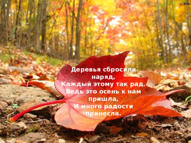  Деревья сбросили наряд,  Каждый этому так рад.  Ведь это осень к нам пришла,  И много радости принесла. 