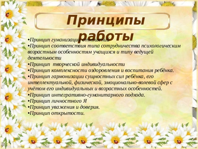 Принципы работы Принцип гуманизации отношений Принцип соответствия типа сотрудничества психологическим возрастным особенностям учащихся и типу ведущей деятельности Принцип творческой индивидуальности Принцип комплексности оздоровления и воспитания ребёнка. Принцип гармонизации сущностных сил ребёнка, его интеллектуальной, физической, эмоционально-волевой сфер с учётом его индивидуальных и возрастных особенностей. Принцип интегративно-гуманитарного подхода. Принцип личностного Я Принцип уважения и доверия. Принцип открытости.  
