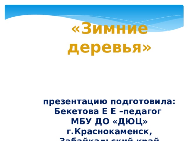 «Зимние деревья»     презентацию подготовила: Бекетова Е Е –педагог МБУ ДО «ДЮЦ» г.Краснокаменск, Забайкальский край 