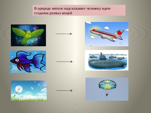 В природе многое подсказывает человеку идею создания разных вещей В природе многое подсказывает человеку идею создания разных вещей В природе многое подсказывает человеку идею создания разных вещей 