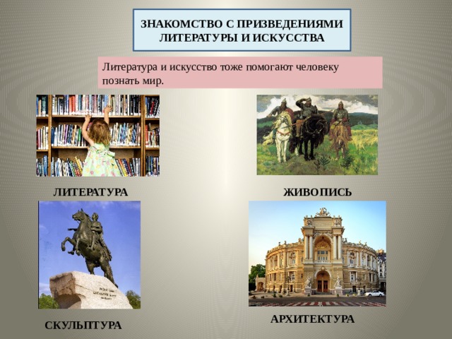ЗНАКОМСТВО С ПРИЗВЕДЕНИЯМИ ЛИТЕРАТУРЫ И ИСКУССТВА Литература и искусство тоже помогают человеку познать мир. ЖИВОПИСЬ ЛИТЕРАТУРА АРХИТЕКТУРА СКУЛЬПТУРА 
