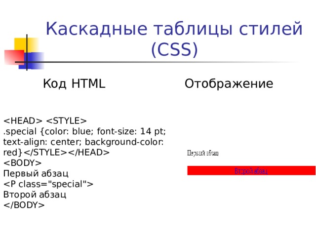 Каскадные таблицы стилей (CSS) Код HTML Отображение   .special {color: blue; font-size: 14 pt; text-align: center; background-color: red}  Первый абзац Второй абзац  