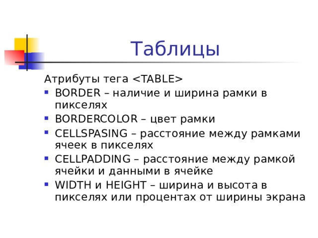 Таблицы    заголовок столбца 1    заголовок столбца 2     содержимое ячейки 1    содержимое ячейки 2     