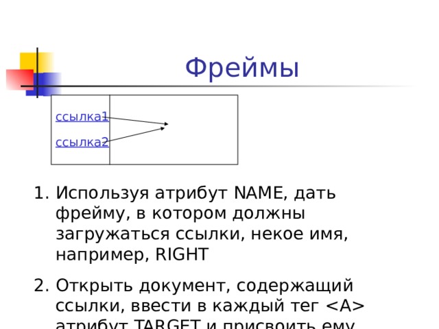 Фреймы Общий вид установочного файла фреймов:   Деление окна на фреймы   Адреса документов в фреймах     Информация, отображаемая неграфическими браузерами   