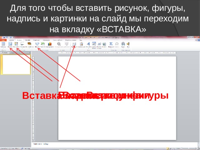 Для того чтобы вставить рисунок, фигуры, надпись и картинки на слайд мы переходим на вкладку «ВСТАВКА» Вставка рисунка Вставка картинки Вставки фигуры Вставка надписи 