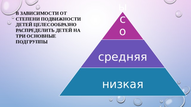 В зависимости от степени подвижности детей целесообразно распределить детей на три основные подгруппы высокая средняя низкая 