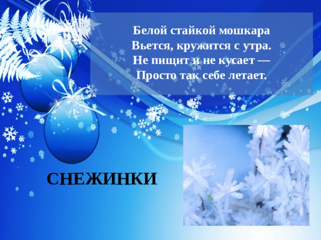   Белой стайкой мошкара  Вьется, кружится с утра.  Не пищит и не кусает —  Просто так себе летает.   СНЕЖИНКИ 