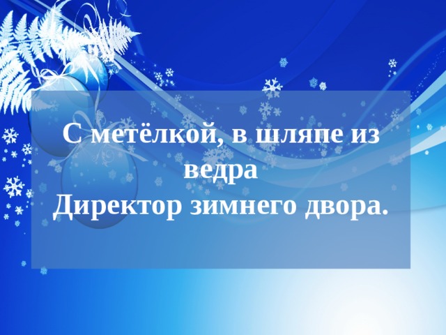 С метёлкой, в шляпе из ведра  Директор зимнего двора.   
