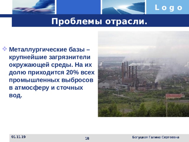 Проблемы отрасли. Металлургические базы – крупнейшие загрязнители окружающей среды. На их долю приходится 20% всех промышленных выбросов в атмосферу и сточных вод. 01.11.19 Богуцкая Галина Сергеевна  