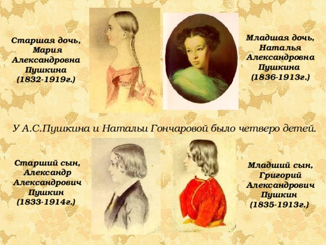 Младшая дочь, Наталья Александровна Пушкина  (1836-1913г.) Старшая дочь, Мария Александровна Пушкина  (1832-1919г.)  У А.С.Пушкина и Натальи Гончаровой было четверо детей. Старший сын, Александр Александрович Пушкин  (1833-1914г.) Младший сын, Григорий Александрович Пушкин  (1835-1913г.)  