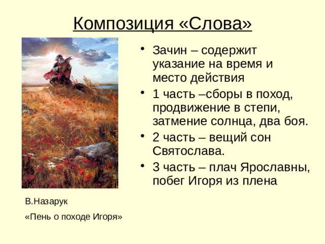 Композиция «Слова» Зачин – содержит указание на время и место действия 1 часть –сборы в поход, продвижение в степи, затмение солнца, два боя. 2 часть – вещий сон Святослава. 3 часть – плач Ярославны, побег Игоря из плена В.Назарук «Пень о походе Игоря» 