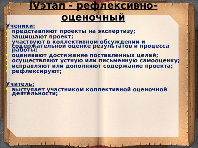 IV этап - рефлексивно-оценочный Ученики: представляют проекты на экспертизу; защищают проект; участвуют в коллективном обсуждении и содержательной оценке результатов и процесса работы; оценивают достижение поставленных целей; осуществляют устную или письменную самооценку; исправляют или дополняют содержание проекта; рефлексируют;  Учитель: выступает участником коллективной оценочной деятельности; 