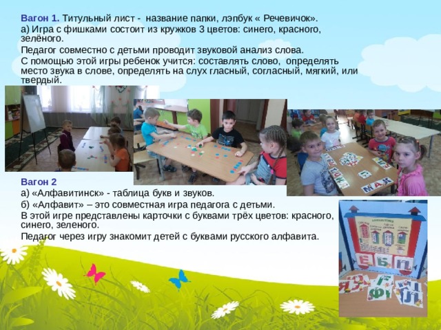  Вагон 1. Титульный лист - название папки, лэпбук « Речевичок».  а) Игра с фишками состоит из кружков 3 цветов: синего, красного, зелёного.  Педагог совместно с детьми проводит звуковой анализ слова.  С помощью этой игры ребенок учится: составлять слово, определять место звука в слове, определять на слух гласный, согласный, мягкий, или твердый.        Вагон 2   а) «Алфавитинск» - таблица букв и звуков.  б) «Алфавит» – это совместная игра педагога с детьми.  В этой игре представлены карточки с буквами трёх цветов: красного, синего, зеленого.  Педагог через игру знакомит детей с буквами русского алфавита. 