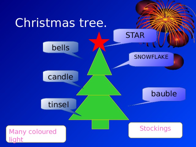 Christmas tree. STAR bells SNOWFLAKE candle bauble tinsel Stockings Many coloured light 