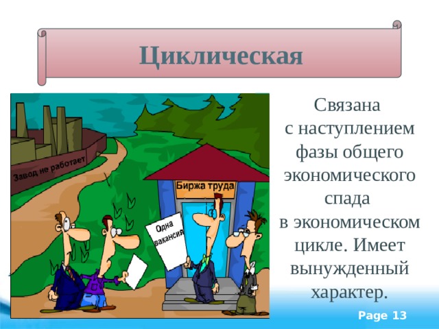 Циклическая Связана с наступлением фазы общего экономического спада в экономическом цикле. Имеет вынужденный характер. 