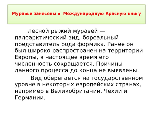  Муравьи занесены в Международную Красную книгу    Лесной рыжий муравей — палеарктический вид, бореальный представитель рода формика. Ранее он был широко распространен на территории Европы, в настоящее время его численность сокращается. Причины данного процесса до конца не выявлены.  Вид оберегается на государственном уровне в некоторых европейских странах, например в Великобритании, Чехии и Германии. 